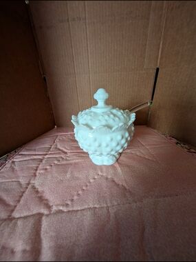 White Hobnail Milk Glass Lidded Jam Jar - with Spoon